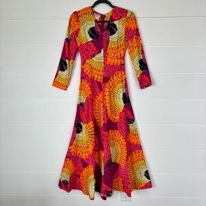 Vintage Made in Hawaii Vibrant psychedelic V Neck Long Sleeve Maxi Dress Size 4